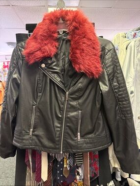 Faux Leather Black Moto Jacket with Red Faux Fur Collar